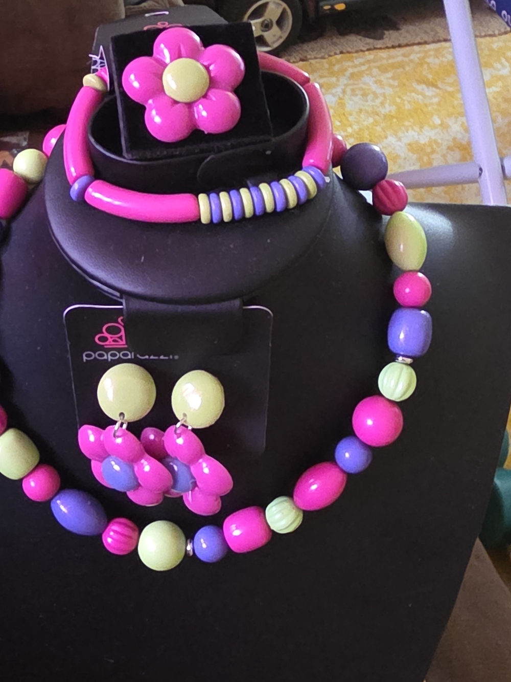 Paparazzi Pink & Lime Floral Bead Jewelry Set - Necklace, Earrings, Bracelet